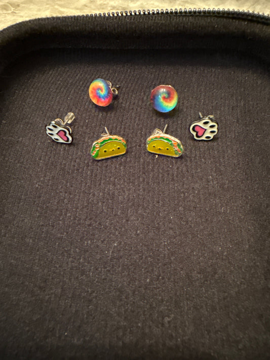 Claires 3 pair earrings Tie dye, taco, and paw print Jewelry