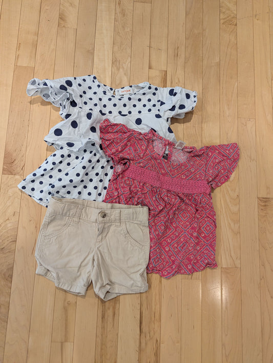 Cat+Jack/Arizona/Wonder Nation Two Shirts + Shorts Blue Polka Dot Top, Pink Short Sleeve Shirt, Khaki Shorts 5T/5