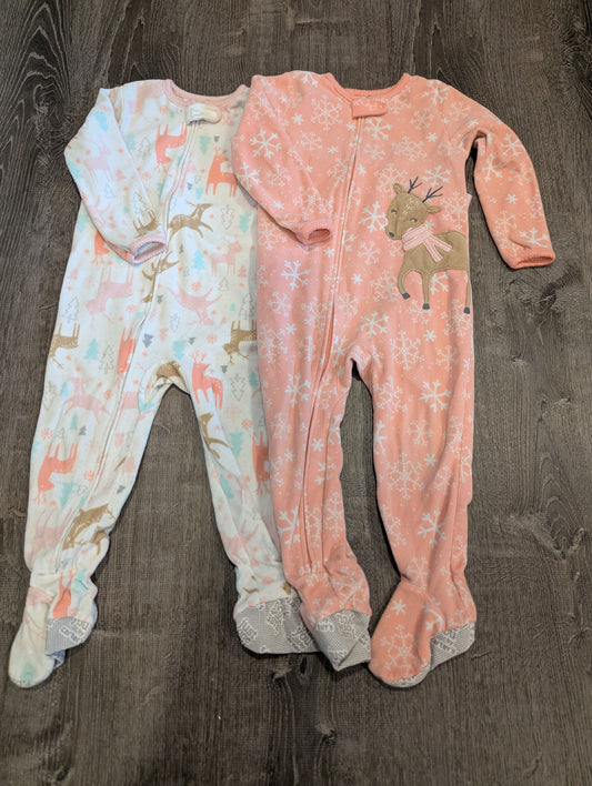 Just One You Set of Two One-Piece Fleece Foot PJs Pink Reindeer Theme 2T