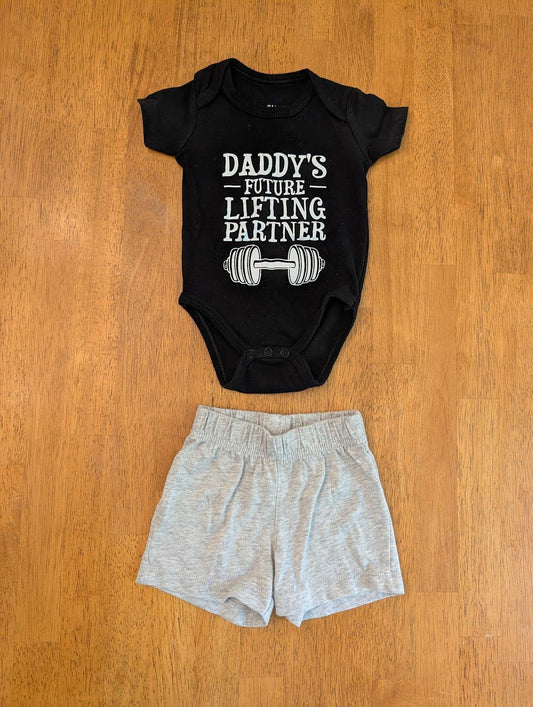 No brand shirt, Garanimals gray shorts, 3-6m black t shirt onesie, lifting 3 Months