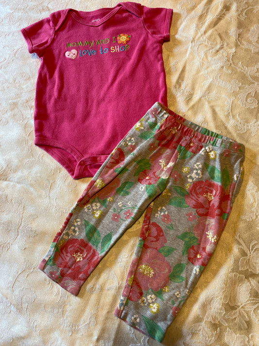 Carters 12m Mommy and I Love to Shop pink onesie & Carters 12m gray pants with floral pattern 12 Months