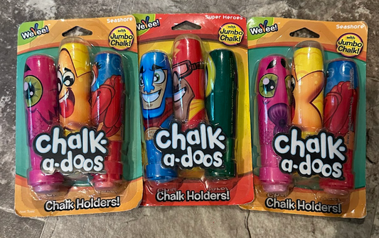 9 NEW Chalk-a-Doos - Sidewalk Chalk w/ Locking Holders for Writing! 1 Set Superheroes, 2 Sets Seashore Themed Outdoor