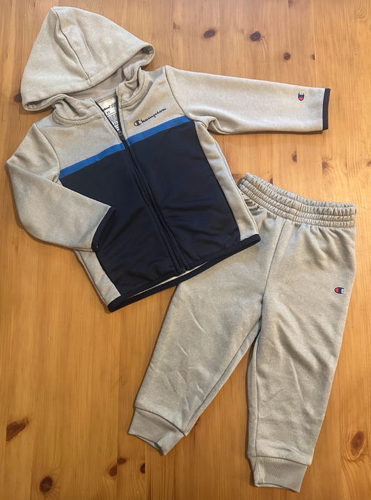 2pc Champion Work-Out Warm-Up Suit Outfit Navy/Blue/Gray Zip-Up Hooded Jacket, Long Pants, Soft Athletic 2T