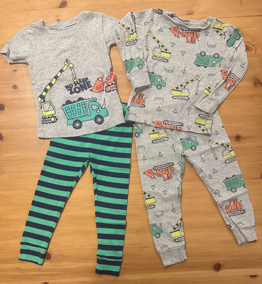 4pc Carters Construction Animals PJs Pajamas Set Gray Printed LS Top/Pants, Gray "No Sleep Zone" SS/Soft Pants 2T