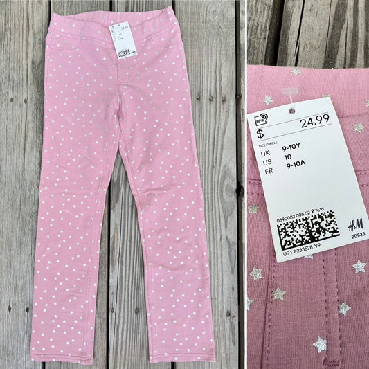 H&M Girls Size 9-10 Pink Knit Leggings Silver Star Print NWT Pants 9