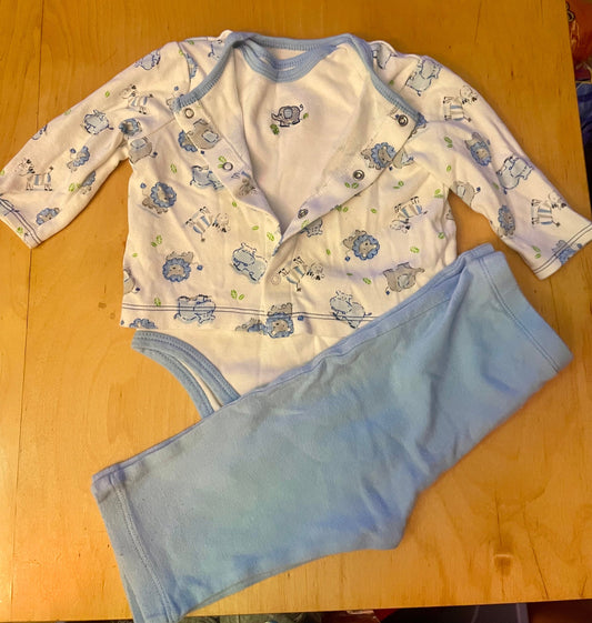 Welcome to the World Three piece outfit including onesie, pants, and sweater 6 Months