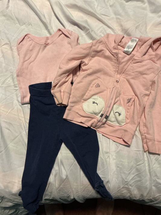 Cat Jack Carter Pink fox sweatshirt with long sleeve onesie, and navy pants 18 Months
