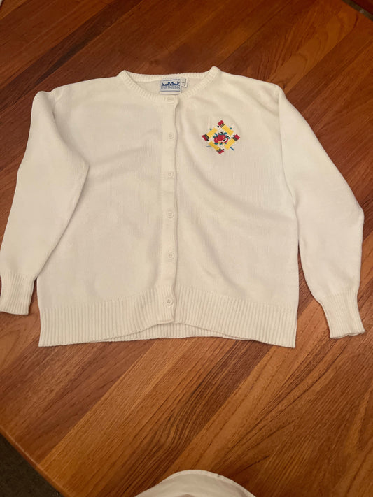 Fast Friends White cotton cardigan with embroidered school design 8