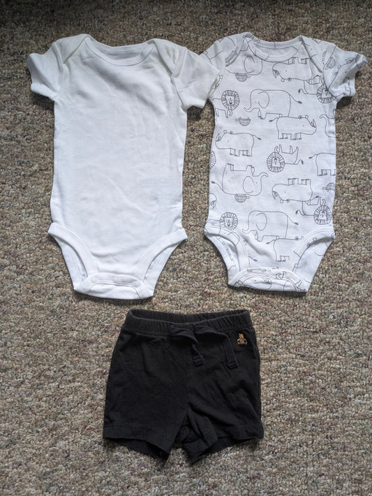 Brennan's favorites by gap & Carter's brands: 3-6 Black shorts with teddy bear, jungle animals &white onesie 3 Months