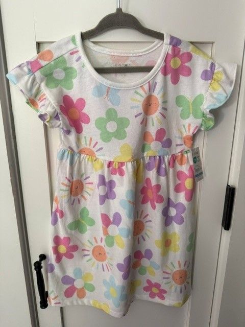Garanimals White short sleeve dress w/rain bow butterflies, flowers, & suns 3T
