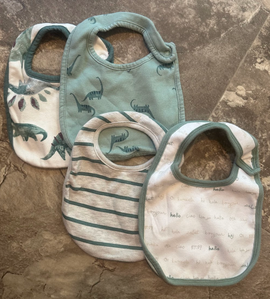 4pc Thick Plastic-Lined Feeding Bibs Lt Blue Dino Carters/Cloud Island Bibs Side Velcro Closure Feeding