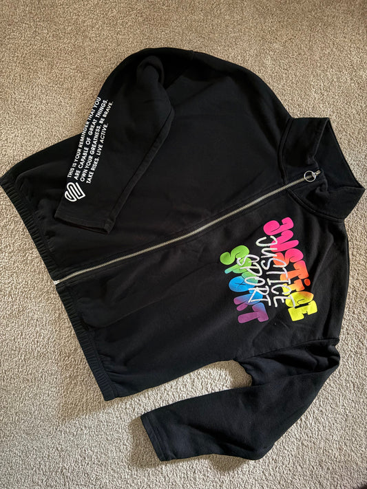 Justice, XL, Girls Sport Jacket with rainbow logo embellished with rhinestones, message on the sleeve, like new 16