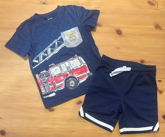 2pc Fire Truck Engine SS Tee T-Shirt w/ Shorts 2T Carters - Navy Athletic Mesh Shorts w/ White Piping 2T