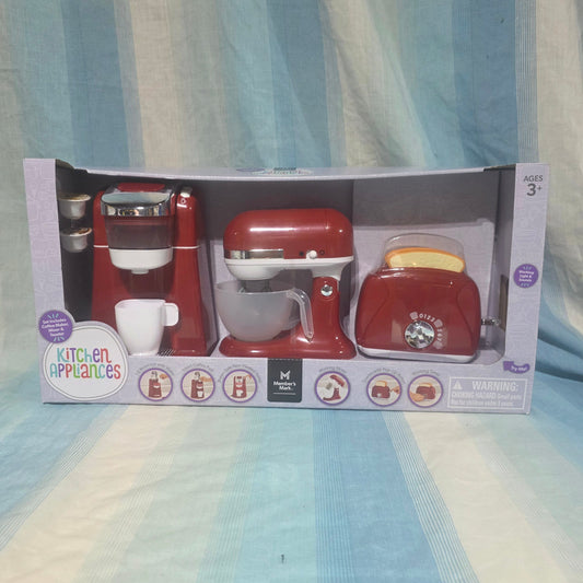 Member's Mark Gourmet Kitchen Appliance Playset Red coffee maker, mixer, and toaster. Playsets