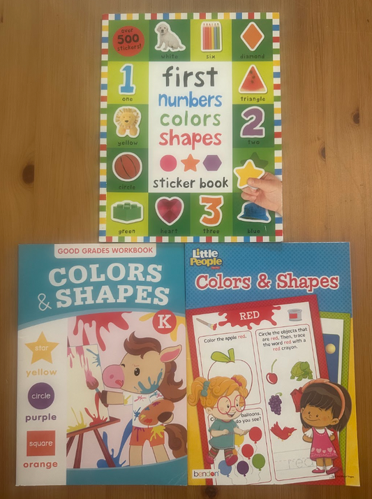 3 Brand NEW Toddler/Preschool Workbooks - 2Colors/ Shapes "First Numbers, Colors, Shapes" Sticker Book NICE! Workbook