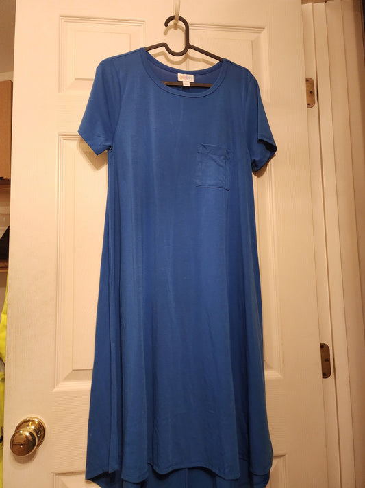 LuLaRoe - Carly, high - Low Dress Runs Big "fits like a L" - Solid Blue w. Pocket Women's - S