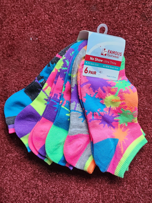 NEW- No Show Ultra Thin Socks Fits Shoe size 4-10, Neon Paint Splatter Women's 6