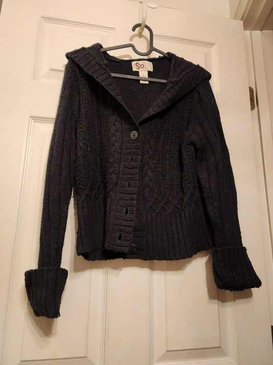So - XL 50% Acrylic, 25% Wool, 25% Nylon Black Long Sleeve Button Up Sweater w. Hood Women's - XL
