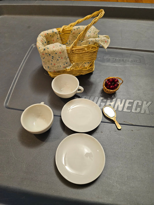 Small straw basket, about 2", w/ tiny berry basket 2 china plate, 2 china cups, tiny mirror Dolls and Accessories
