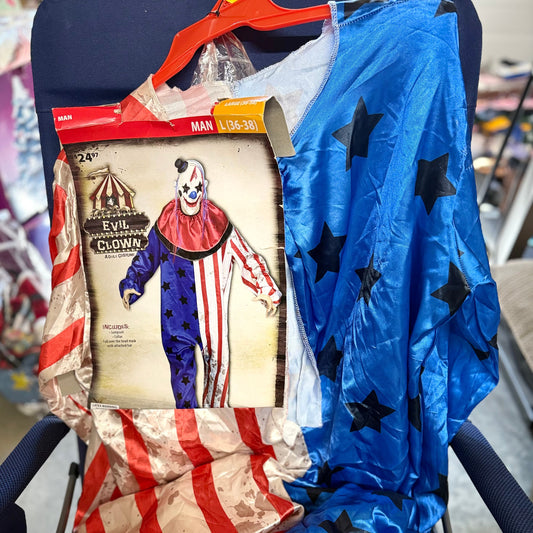 Evil Clown 3 Pc Halloween Costume - NEW Men sz Large/36-38 Jumpsuit-Collar- Head mask w/Hat Holiday