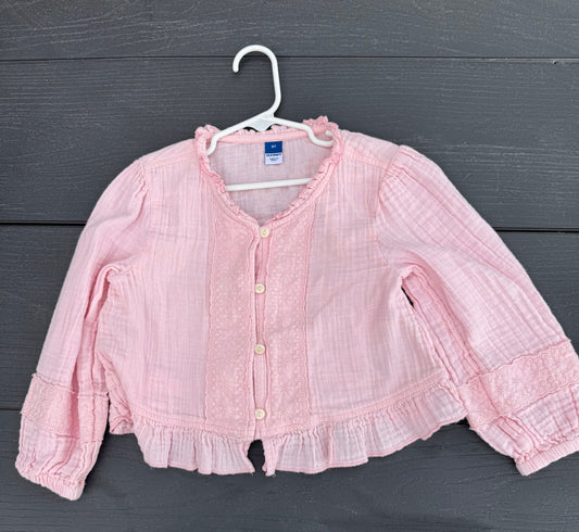 Old Navy delicate pink blouse muslin Gauze button front long sleeve elastic sleeve 5T/5
