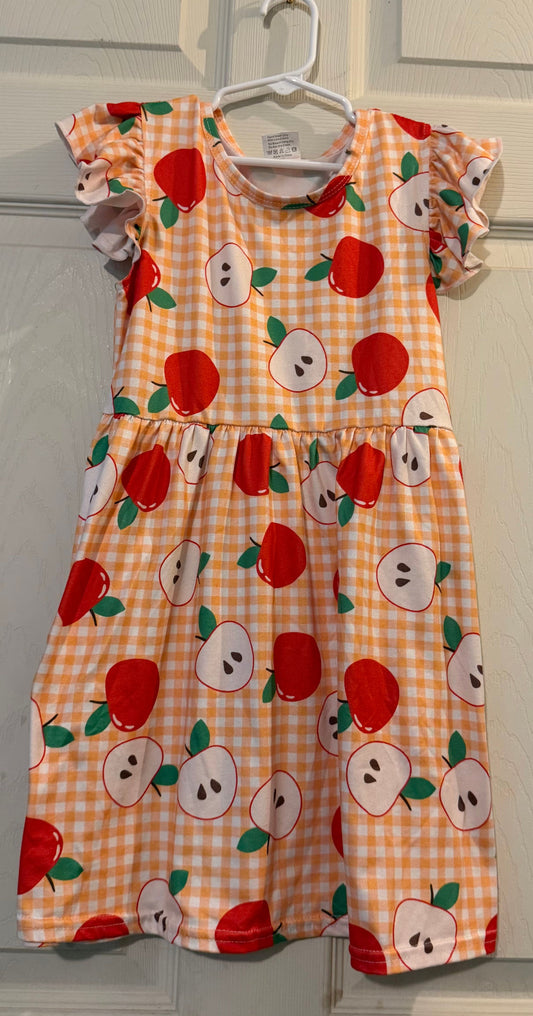 Apple summer/early fall ruffle sleeve girls dress Yellow & white checkered dress with apples on it 5T/5