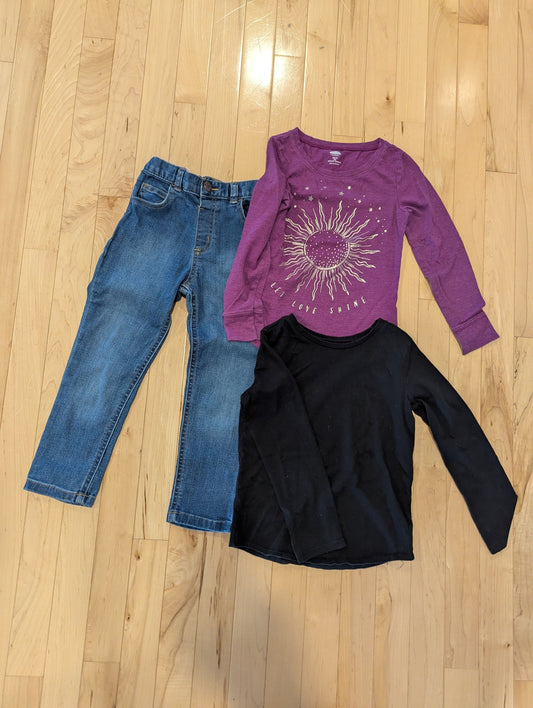 Old Navy/Garanimals Jeans and 2 Long Sleeve Tops Snap Front Jeans, Black Shirt, Purple and Gold Sun Shirt 5T/5