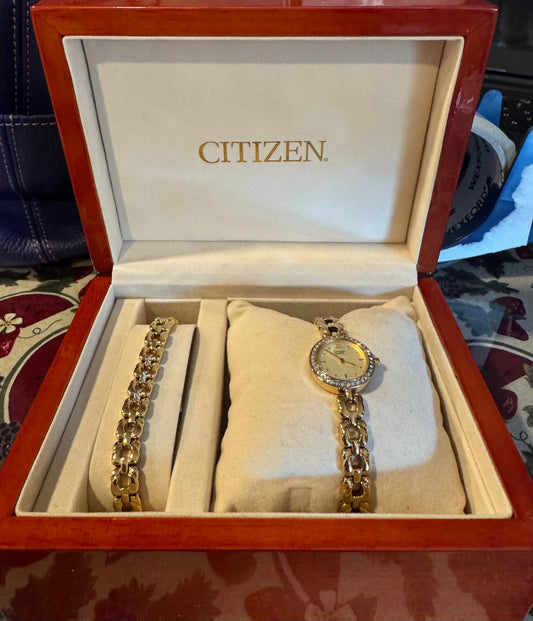 Citizen Beautiful Goldtone Citizen Watch & Bracelet Set Jewelry
