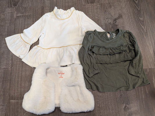Osh Kosh, Just You, Cat & Jack 2 Tops & Fuzzy Vest Two long sleeve tops with fuzzy white vest 18 Months