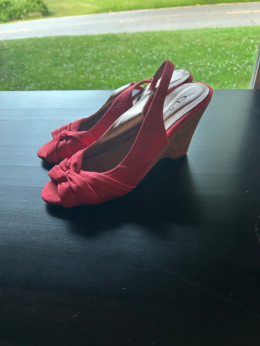 CL by Laundry Satin Coral Cork Wedge Slingbacks Knot in the Front Detail, 4 inch heel 10 (Adult)