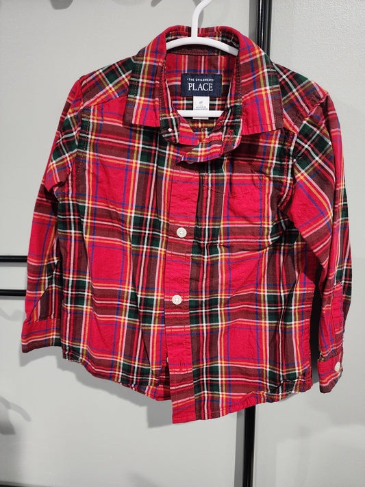 Childrens Place, 2T Button Up Shirt Long Sleeve, Red & Green Plaid 2T