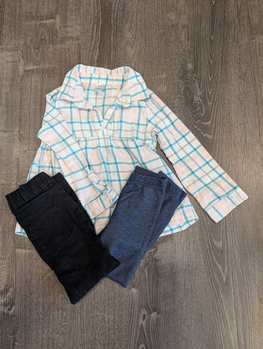 Carters/Granimals Plaid Flannel Top and 2 Bottoms Black Jeans, w/ Snap Blue Jeggings, White/Blue/Pink Flannel Top 4T/4