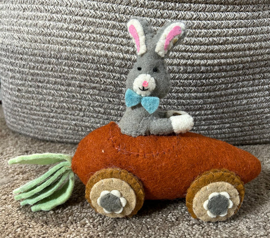 Rabbit in carrot car Felt 7 inches tall Decor