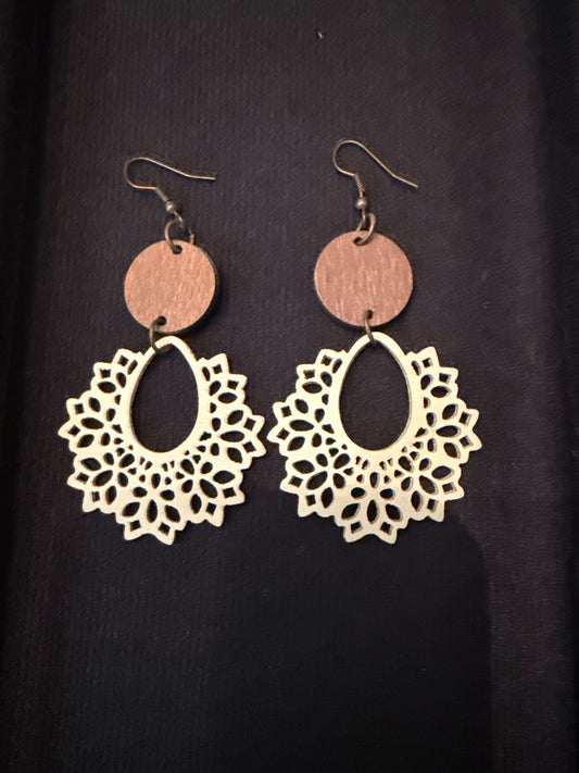 Brown and Cream dangle earrings Wood and leather Jewelry