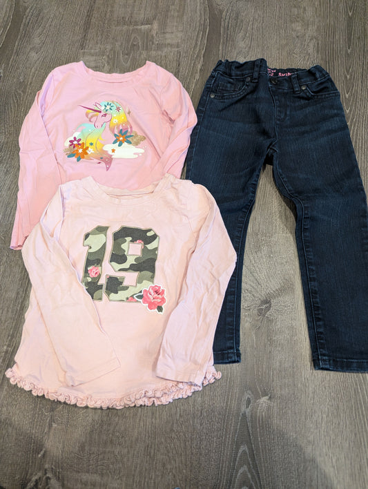 Children's Plan/Granimals/Cat+Jack Jeans+ 2 Shirts Skinny Blue Jeans Button Close, Pink 19 w/ Camo, Pink Unicorn 4T/4