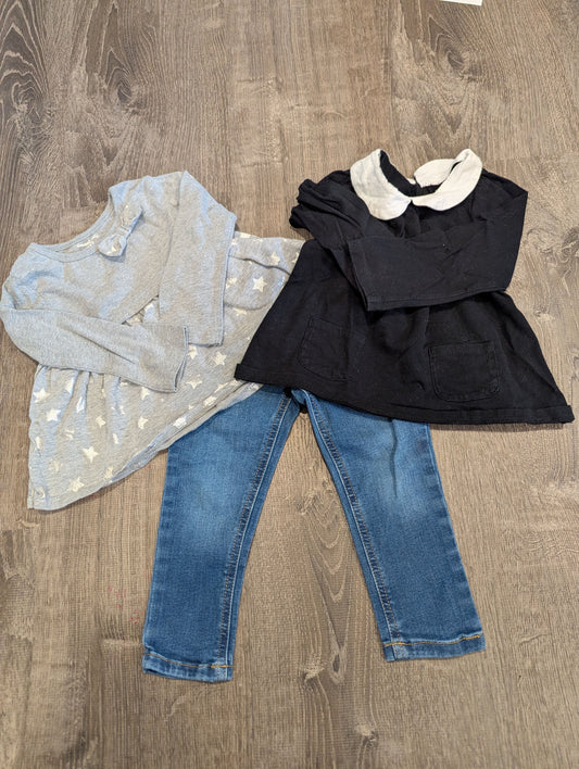 Children's Place/Granimals Jeans and 2 Tops Blue Jeans w/ Snap Front, Black w/ White Collar, Grey/Silver Star 2T