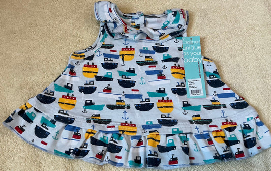 Zutano sleeveless shirt girls size 18 months, NWT Blue with boat print, ruffle collar and hem 18 Months