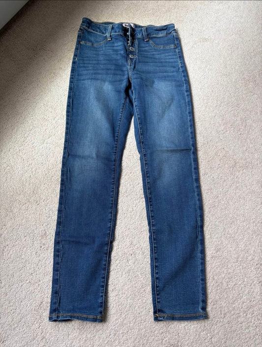 SO, 16, Girls denim jeans with adjustable waist button fly, medium wash, blue denim, 80% cotton 2% spandex 16