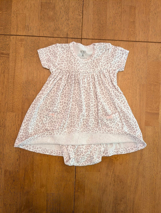 Carter's, 6m, short sleeve dress built in onesie, gray cheetah print, front pockets 6 Months