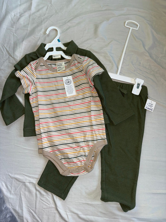 First Impressions, 24 months, 3 piece outfit NWT, green waffle pants, waffle zip up and stripe onesie 24 Months