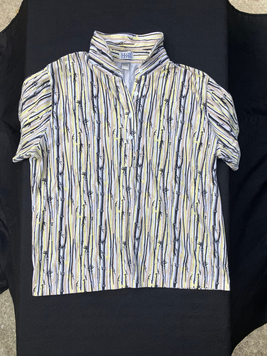 Leon Levin - knit polo w/ collar, size large Short sleeve - white / yellow / black / tan bamboo shoots design Women's - L