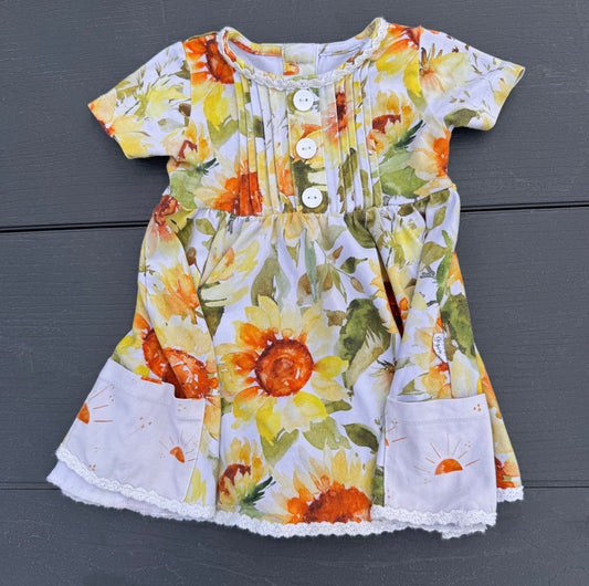 Giggle Moon summer dress decorative buttons Sunflowers short sleeve pockets baby soft 18 months 18 Months