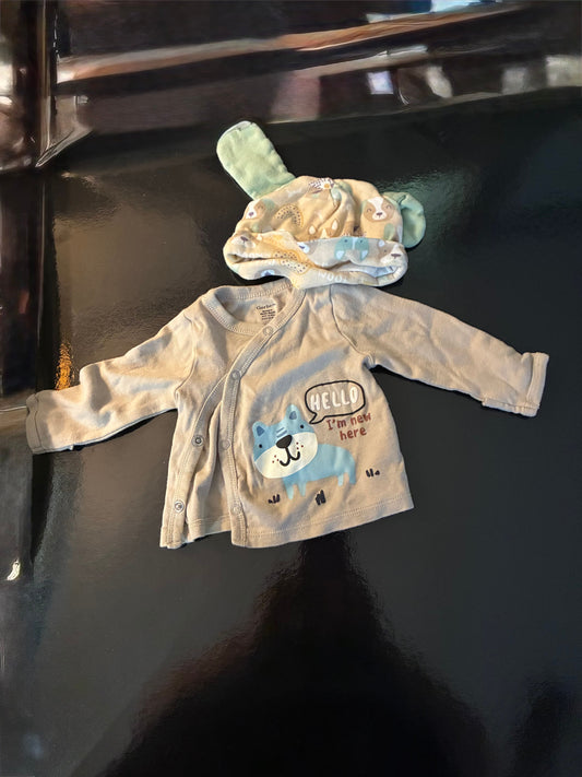 Gerber Tan Brown Hi Im New Here jacket with dog hat Newborn