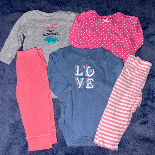 5 piece pink dinosaur, love outfits 6-9 months 5 piece pink dinosaur, love outfits 6-9 months 6 Months