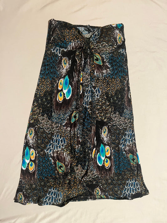 MT Collection women's M halter/strapless dress brown/blue/gold/green peacock pattern, below knee Women's - M