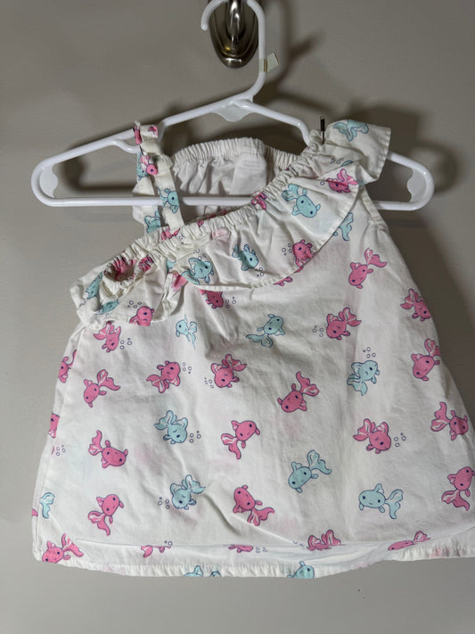 Gymboree White/Pink/Blue Fish Print Asymmetric Dress with Bloomers Newborn