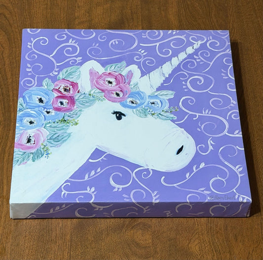 Roey Ebert 12 by 12 wall decor canvas painting Purple w/white swirls & unicorn head w/flowers Decor