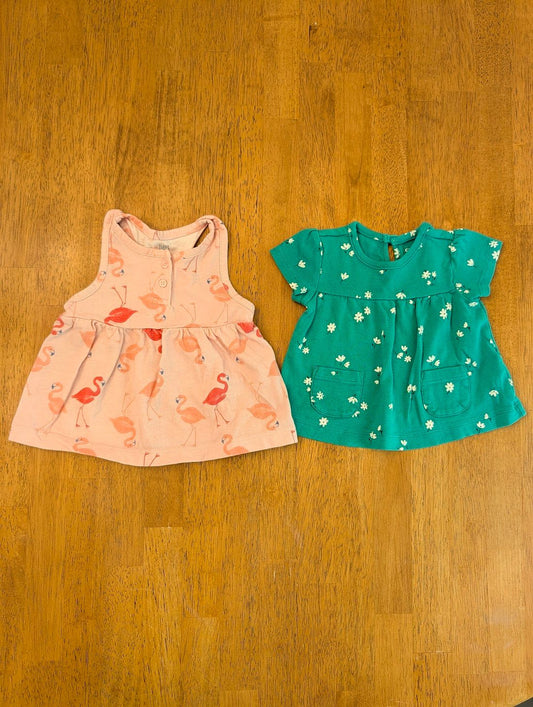 Carter's, 6m, pink tank top flamingo green/white floral t shirt dress 6 Months