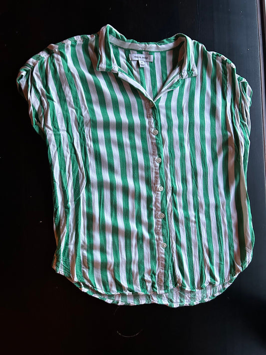 Alex & Jordan Green and White Button Down Vertical Striped, Short Sleeves 100% Rayon Women's - M