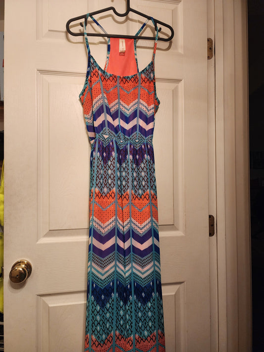 No Boundaries - LG "11-13" T back, Turquoise, Blue, & Pink: Short Dress w. Long Overlay Women's - L